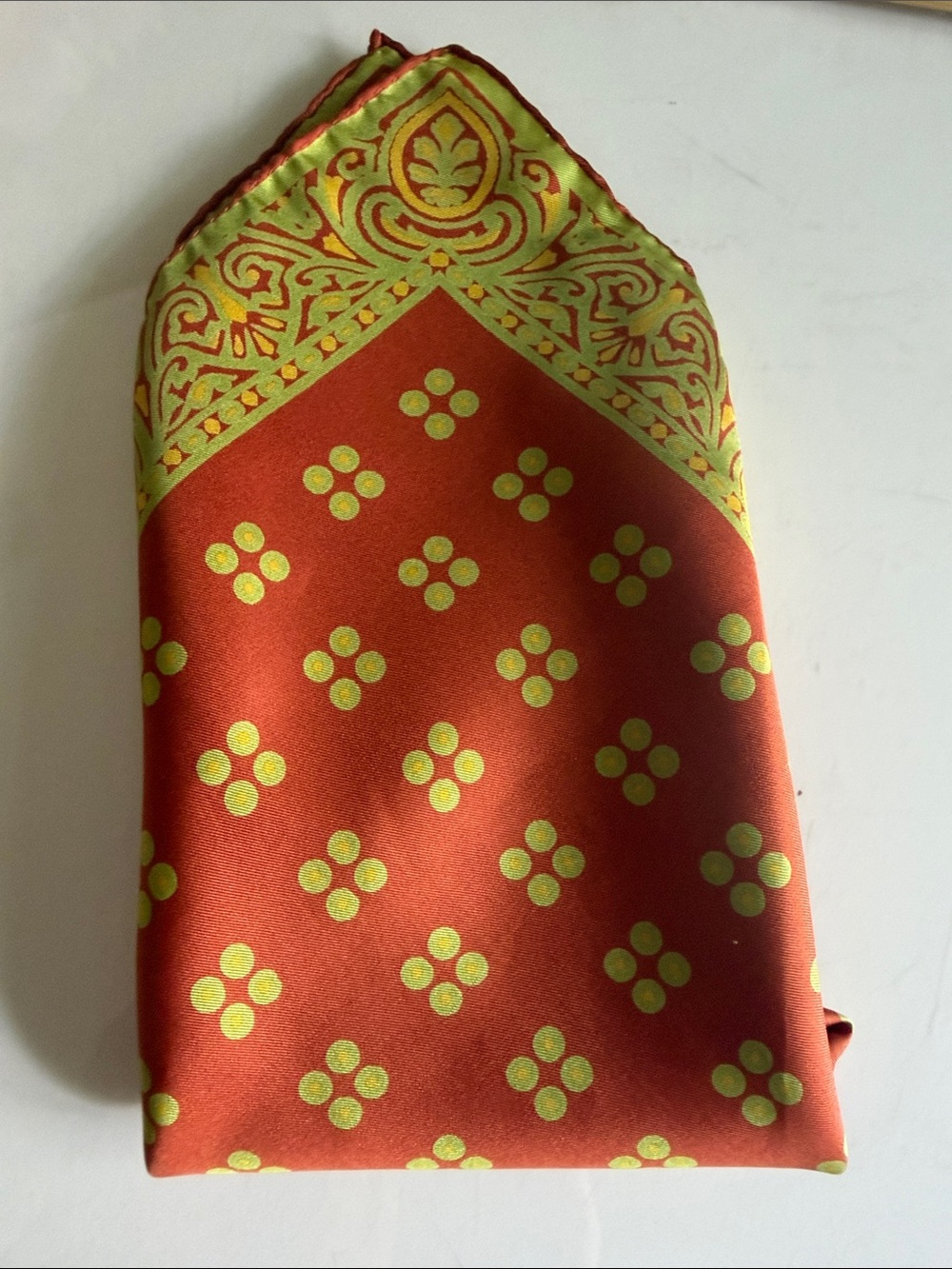 Vintage Ashear Silk Pocket Square Made in Italy Rust & Green Geometric Print
